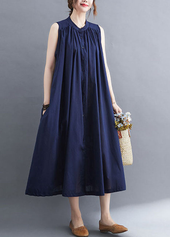 Gathered Mandarin Collar Button Front Sleeveless Pocket Maxi Dress