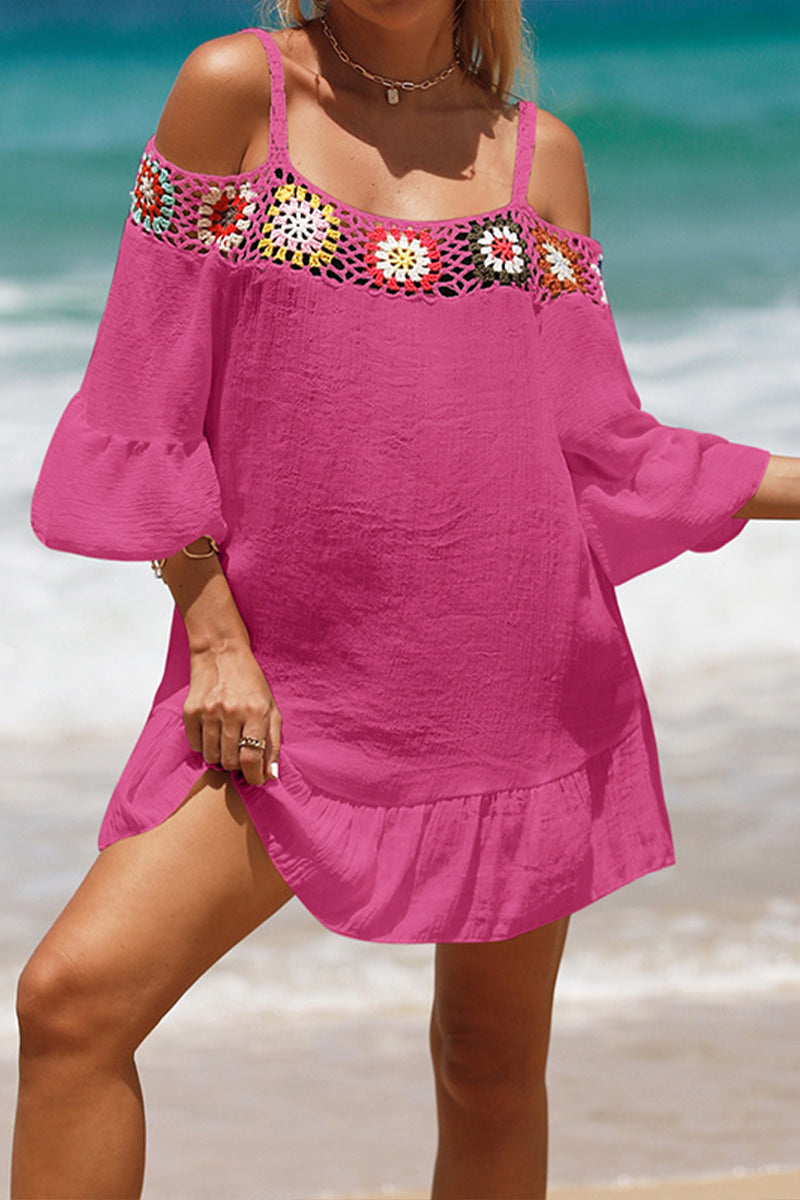 Crocheted Off Shoulder Short Solid Color Sunscreen Beach Skirt