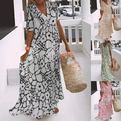 Floral Print V-Neck Short Sleeve Tiered Ruffle Maxi Summer Dress