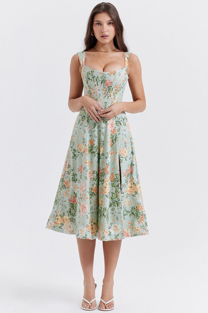 Floral Print Sweetheart Corset A-Line Midi Dress