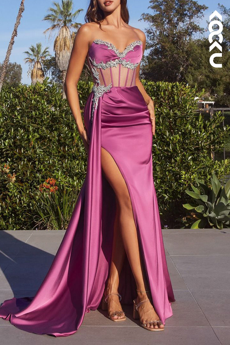 L2879 - Elegant & Luxurious Off-Shoulder Sleeveless Side Slit Formal Prom Dress With Rhinestones