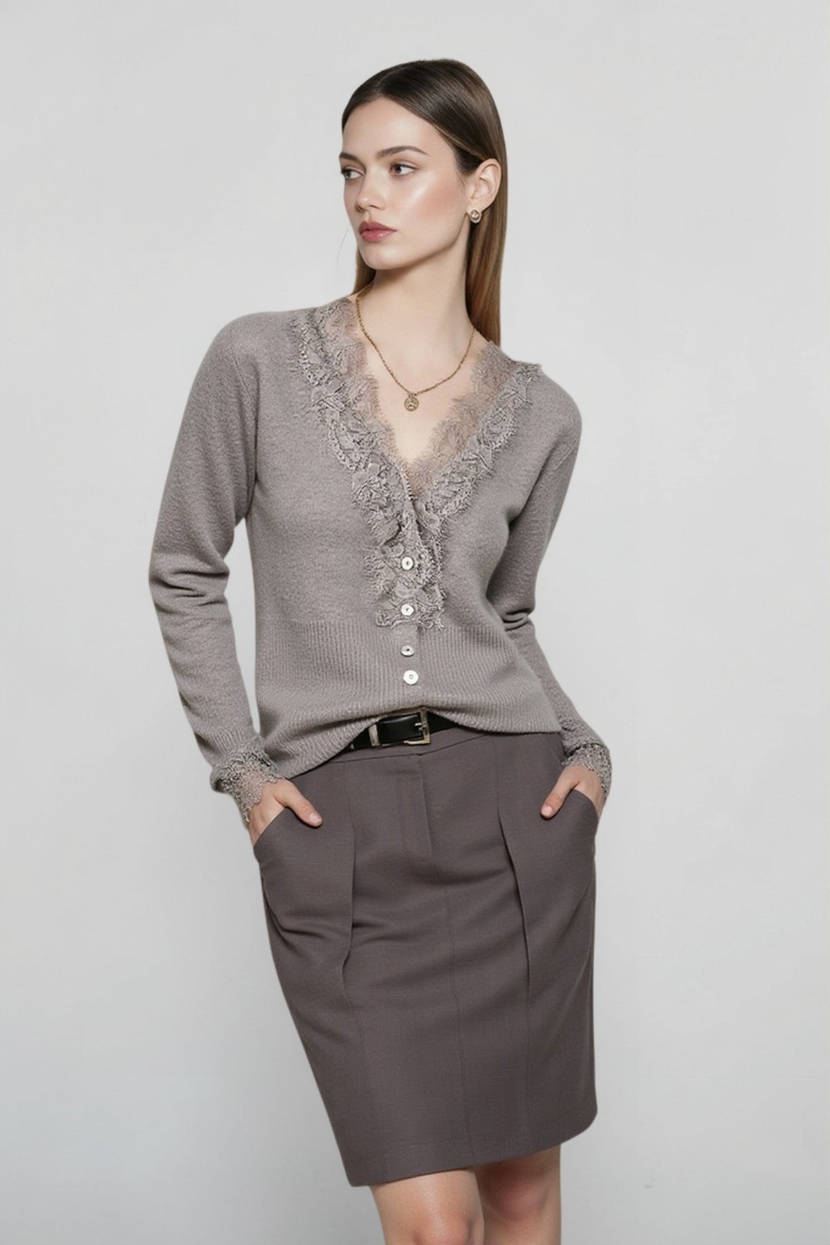Lace Trim V-Neck Long Sleeve Button Front Slim Knit Cardigan