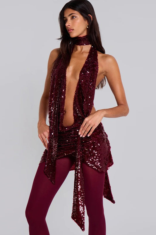 Sequin Halter Neck Plunge Backless Draped Bodycon Party Dress