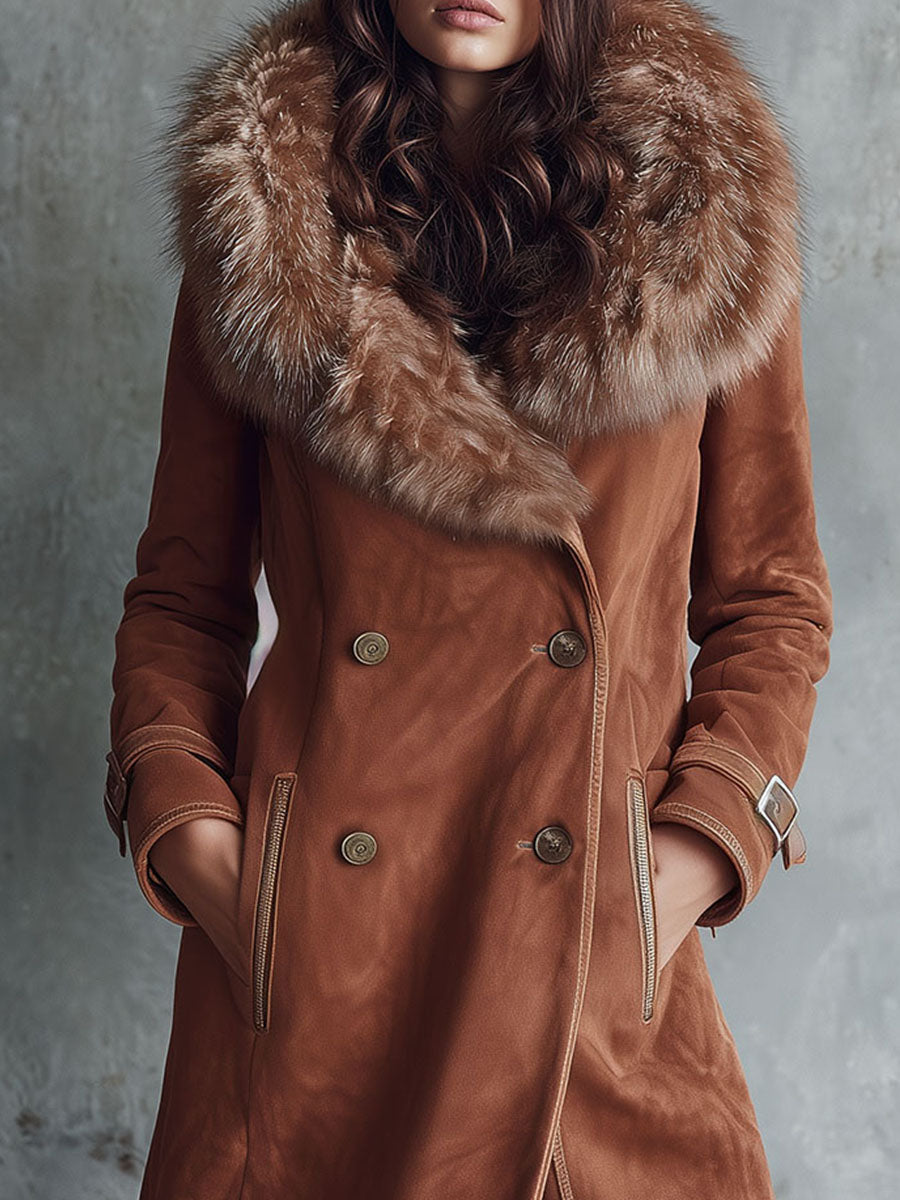 Double-Breasted Camel Microsuede Coat With Luxury Eco Fur Collar