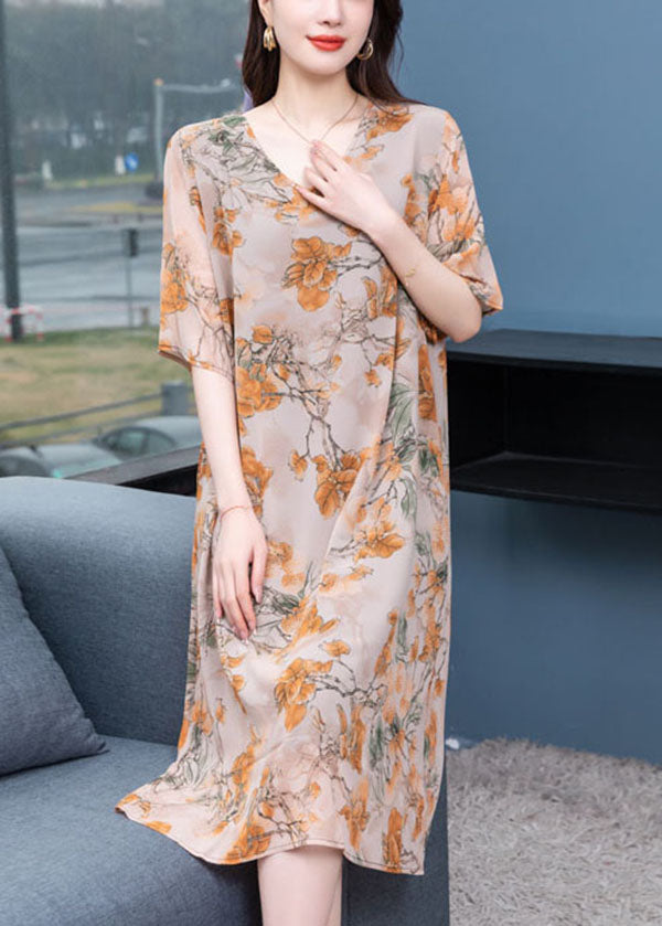 Floral Print V-Neck Elbow Sleeve Loose Shift Midi Dress