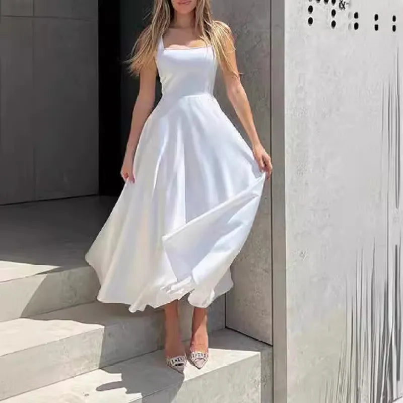 Satin Square Neck Rhinestone Trim Wide Strap Fit and Flare Formal Maxi Gown