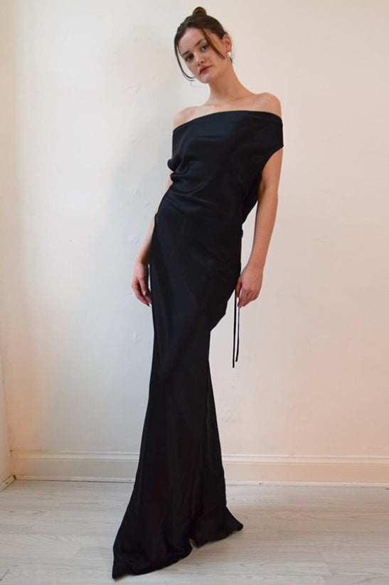 Satin Off Shoulder Cowl Draped Slim Fit Maxi Dress