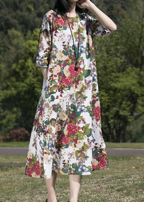 Floral Print Round Neck Half Sleeve Loose Oversized Maxi Dress