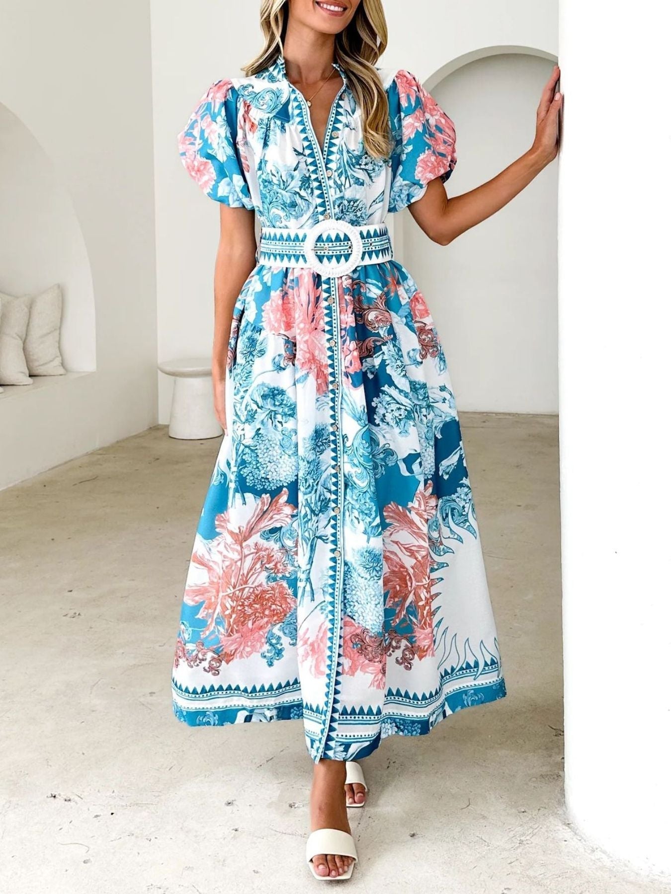 Printed Puff Sleeve Midi Dress Blue