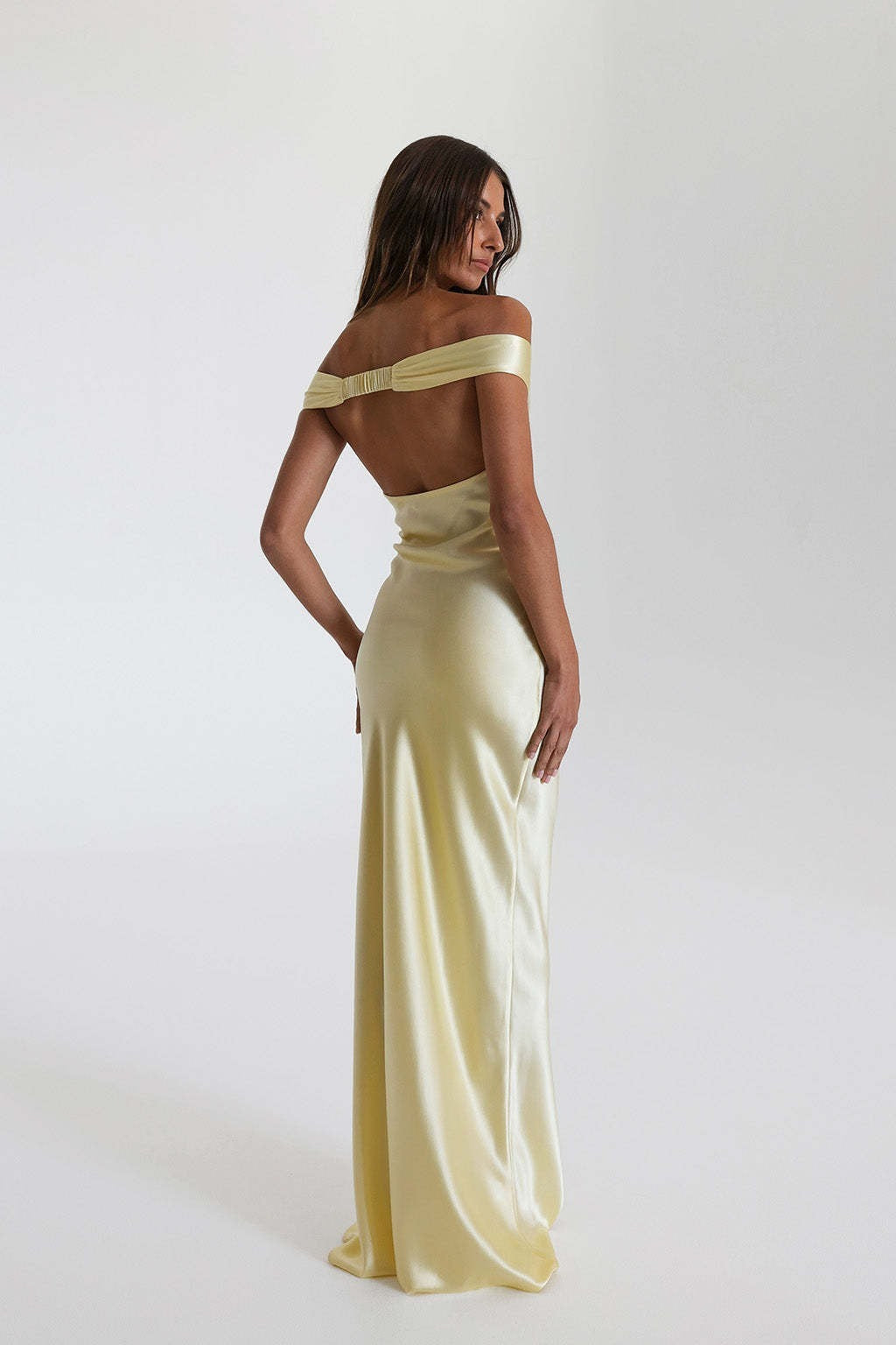 Satin Off Shoulder Sweetheart Slip Maxi Dress