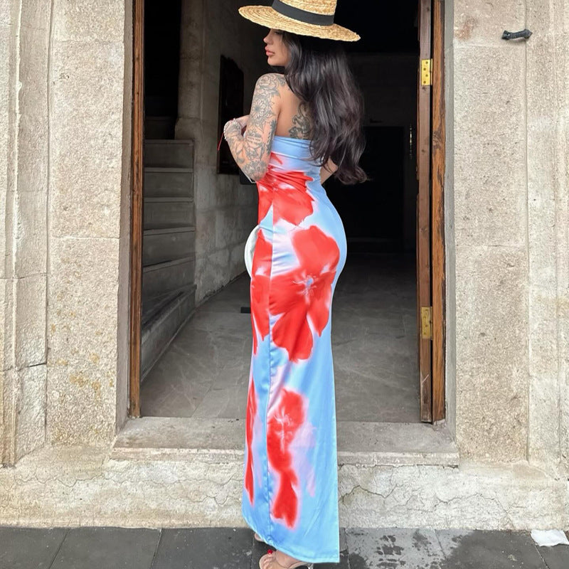 Strapless Floral Print Bodycon High Split Maxi Dress