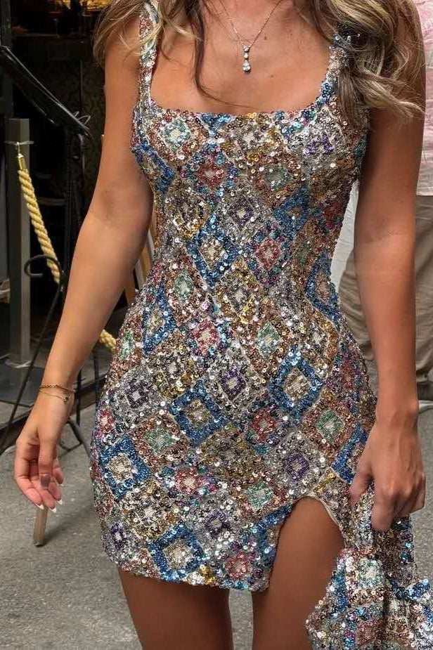 Sequin Square Neck High Split Bodycon Mini Dress