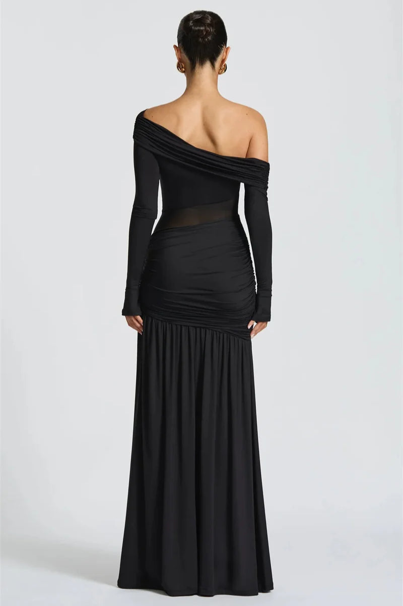 Off-Shoulder Long Sleeve Backless Thigh Split Maxi Dress