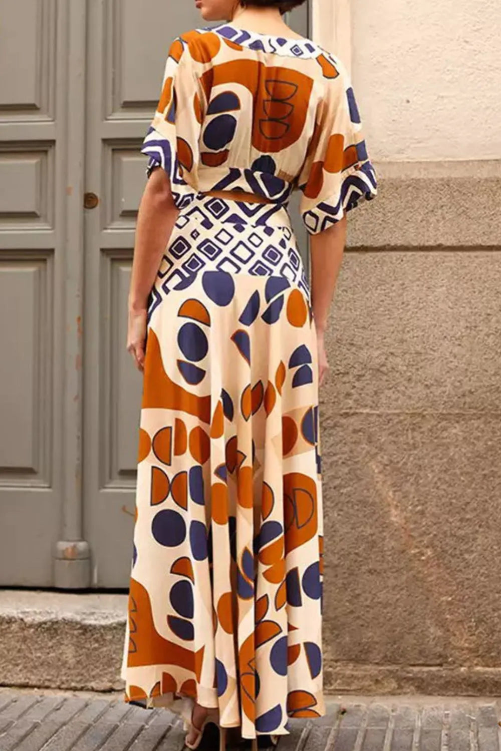 Geometric Print Wrap V-Neck Short Sleeve Cut Out Waist Maxi Dress 3