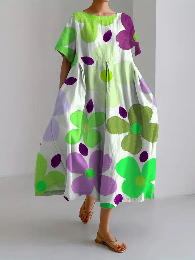 Floral Print Round Neck Short Sleeve Pocket Midi Dress