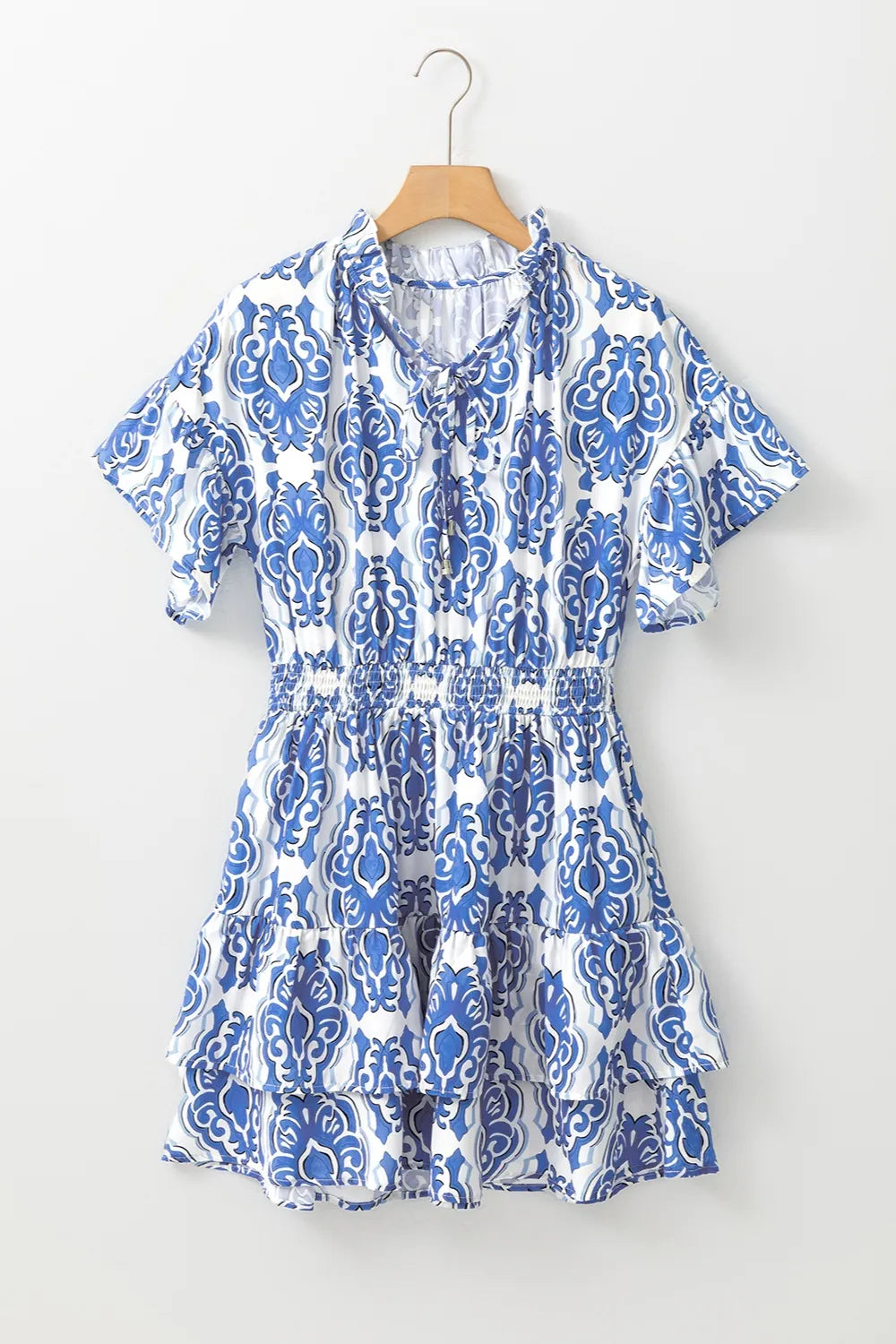 Damask Print Tie Neck Flutter Sleeve Smocked Waist Ruffle Mini Dress 4