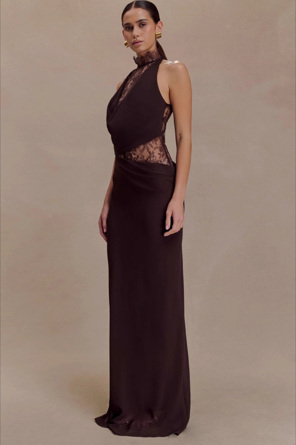 Halter Neck Lace Cut Out Backless Bias Cut Maxi Dress