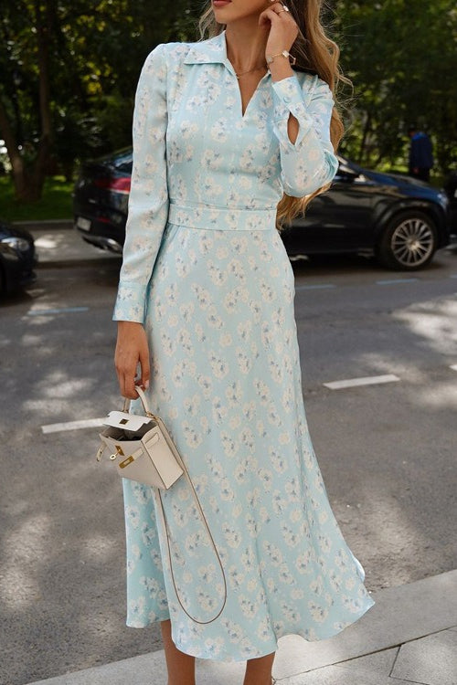 Satin Floral Print Collar Long Sleeve Belted Midi Dress