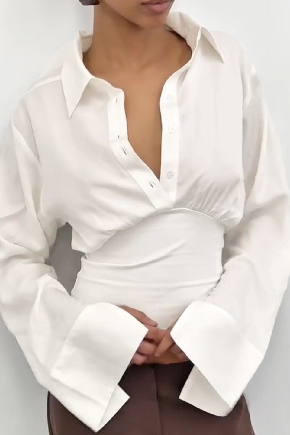 Collared Flare Sleeve Button Front Oversized Cropped Shirt 2
