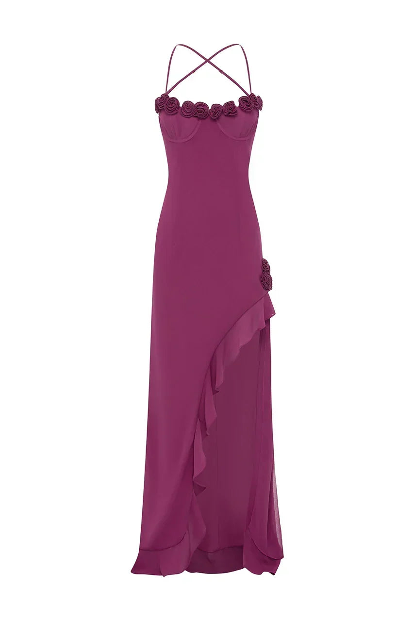 Rosette Trim Cami Asymmetric Ruffle High Split Maxi Dress 6