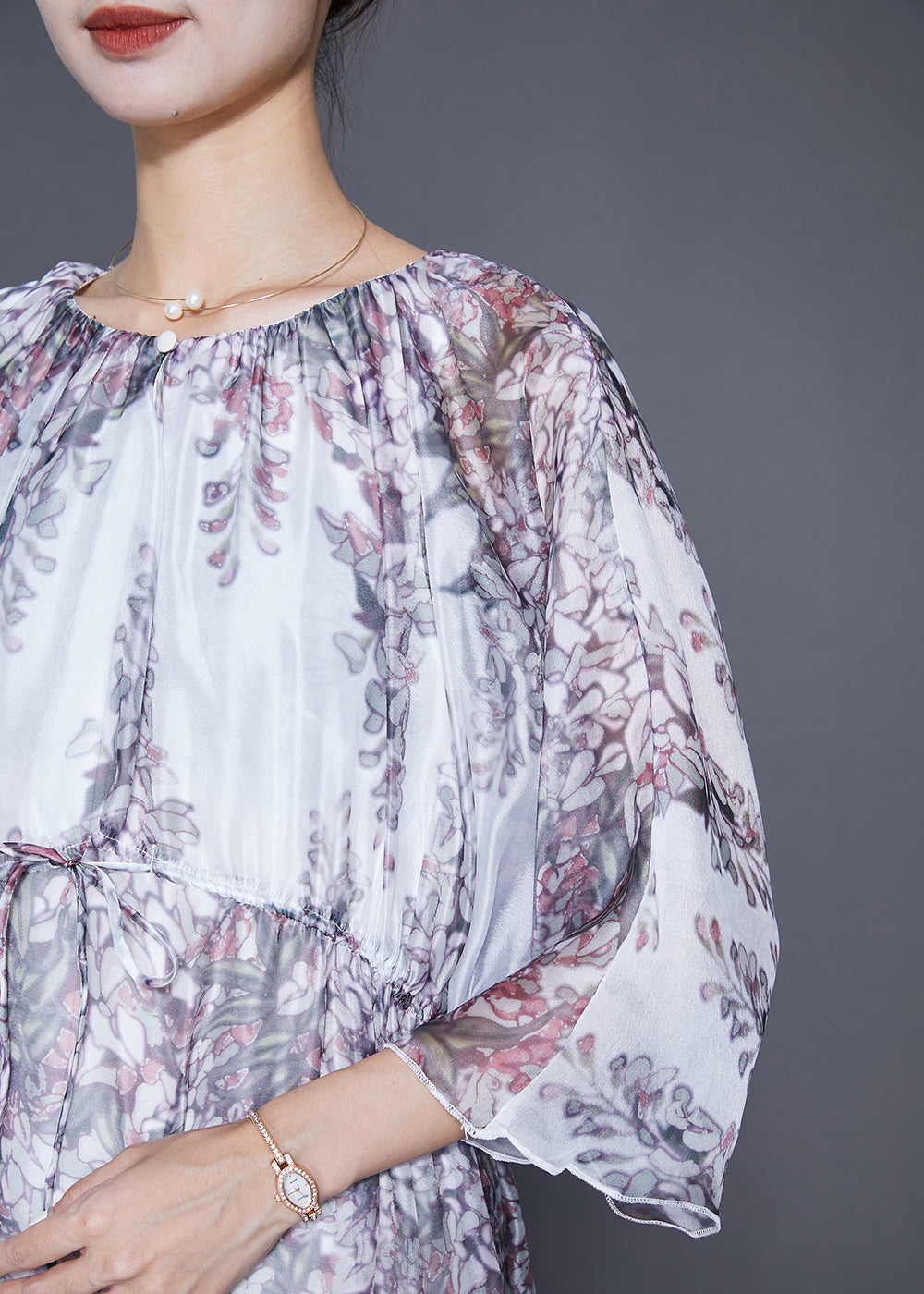 Wisteria Floral Print Sheer Chiffon Three Quarter Sleeve Drawstring Waist Maxi Dress