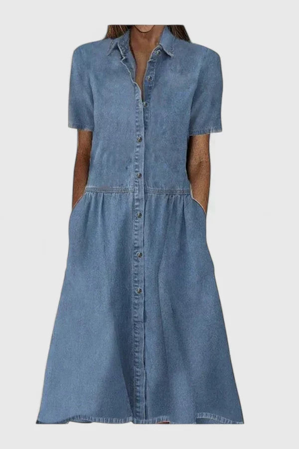 Denim Short Sleeve Button Front Midi Shirt Dress