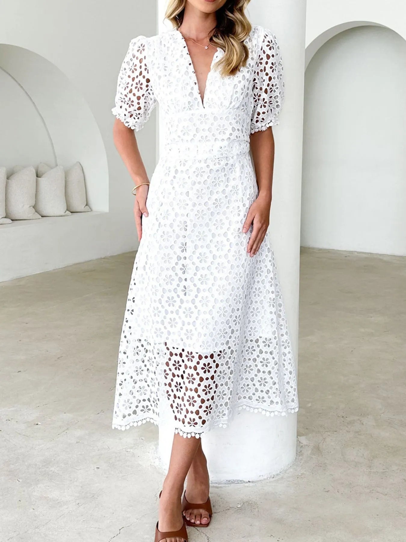 Exclusive Serena V Neck Lace Midi Dress with Puff Sleeves Chic Silhouette Collection