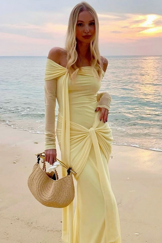 Mesh Off Shoulder Long Sleeve Knot Front Draped Sash Maxi Dress 2