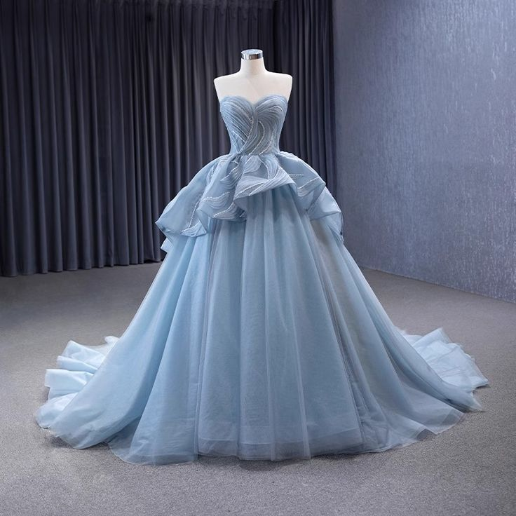 High-End Blue Beading Tulle Cascading Ruffles Prom Dress New Ball Gown cc1768