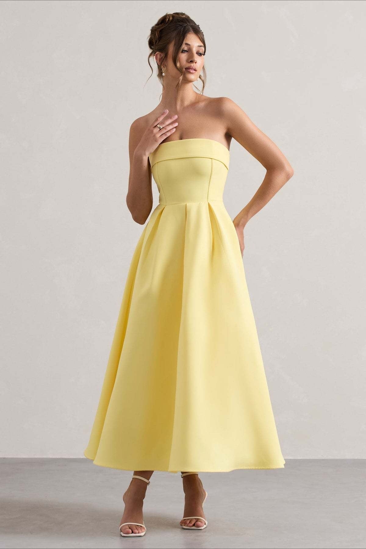 Strapless Fold Over Neck Box Pleat A-Line Midi Cocktail Dress