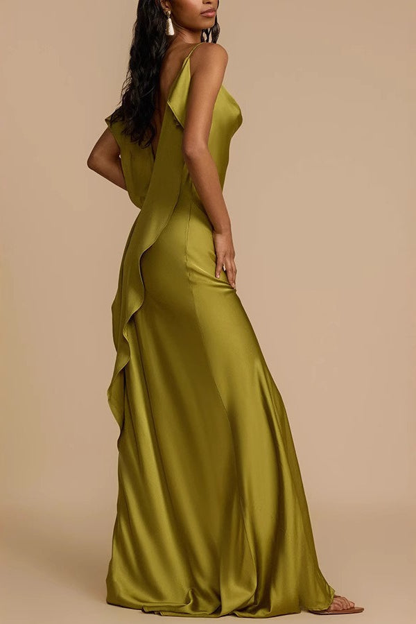 Satin Cowl Neck Spaghetti Strap High Split Column Slip Maxi Gown