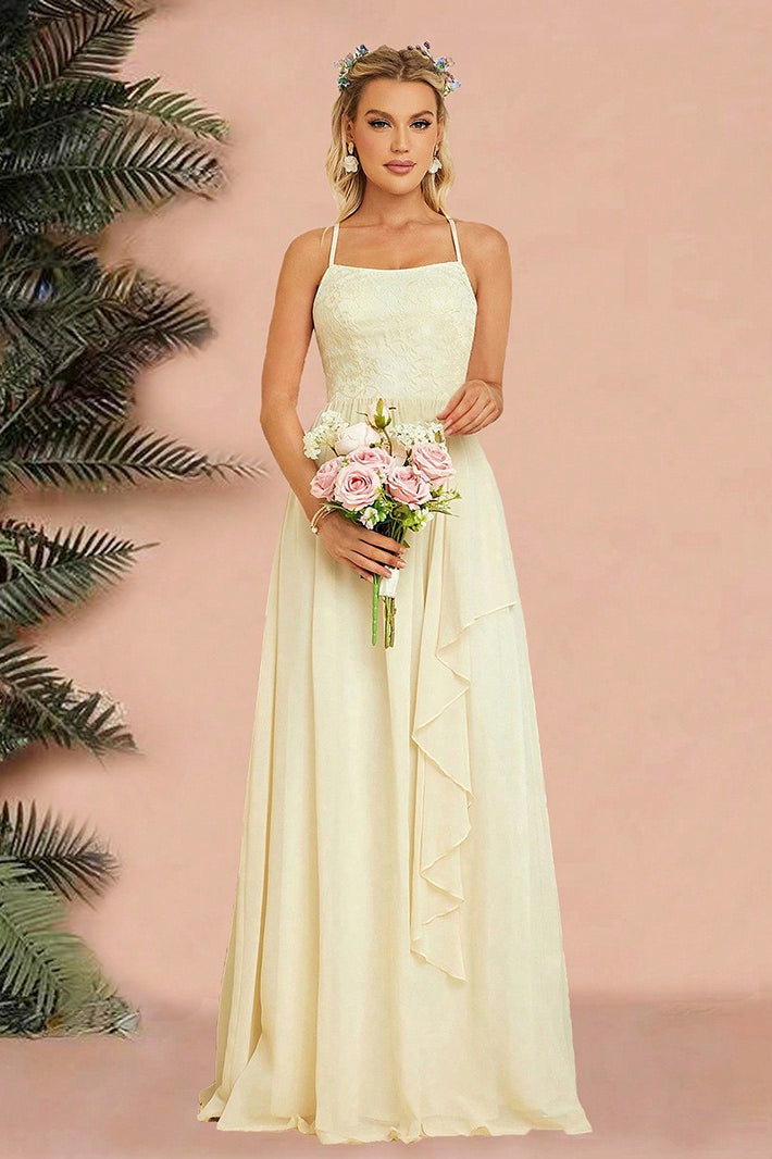 Lace Square Neck Spaghetti Strap Chiffon A-Line Maxi Dress