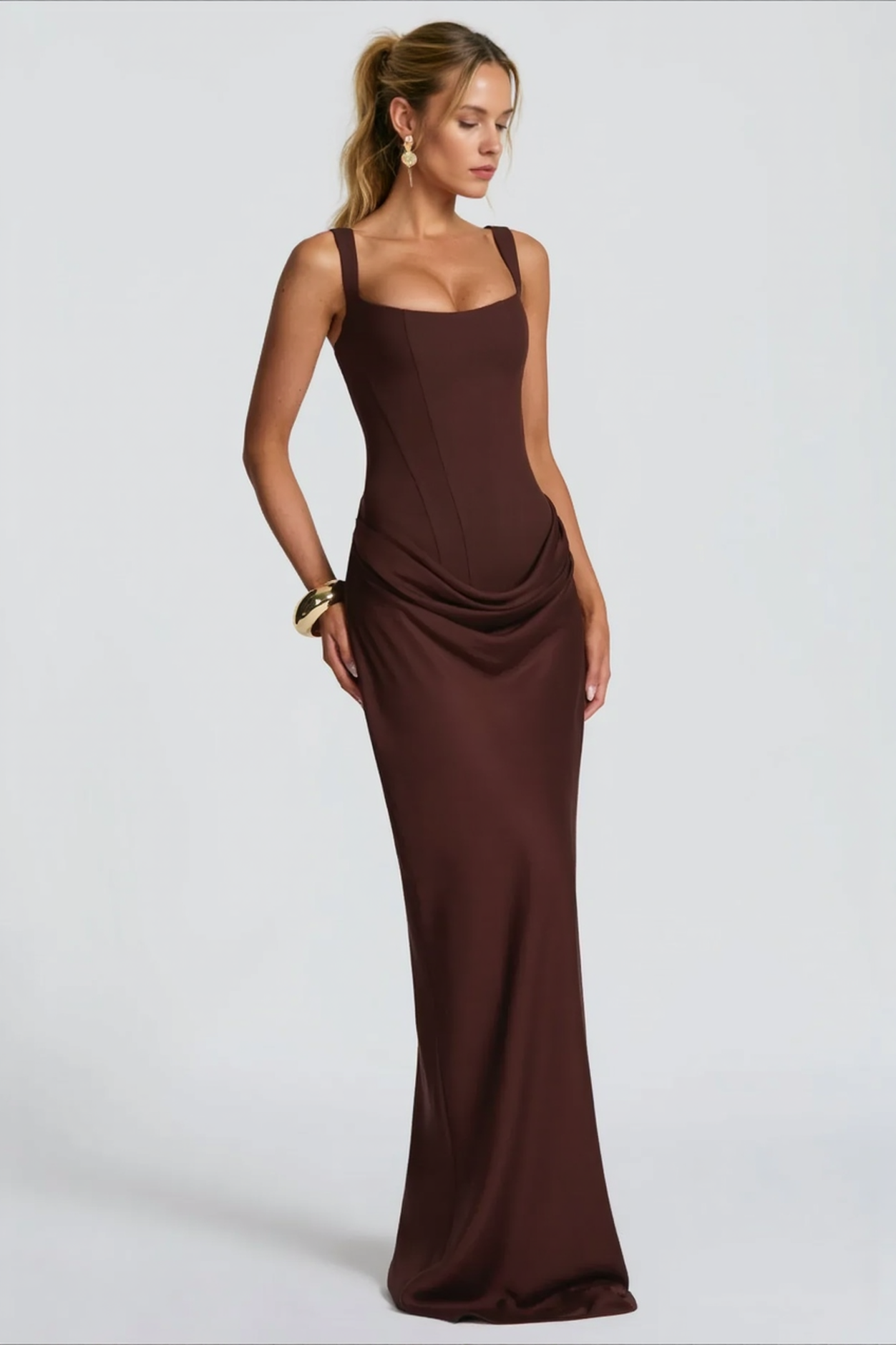 Solid Square Neck Ruched Panel Bodycon Party Dress