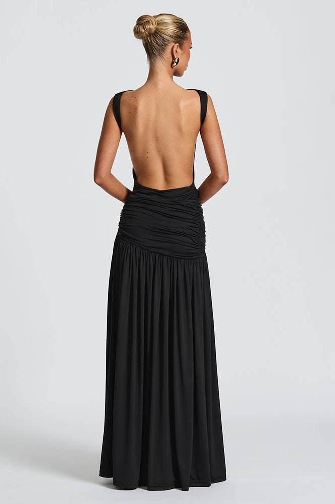 High Neck Backless Ruched Mermaid Maxi Dress