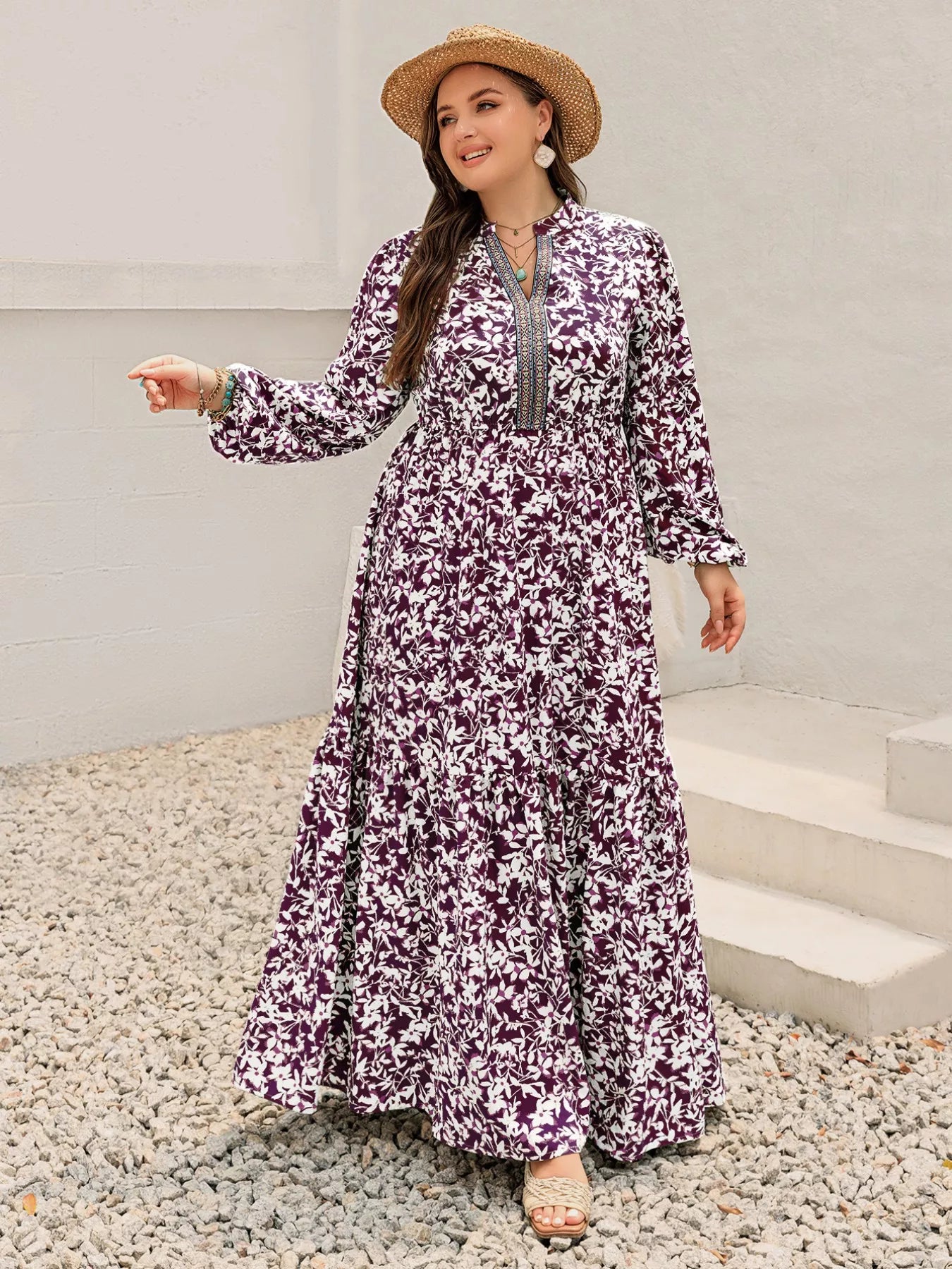 Plus Size Floral Print Maxi Dress with Long Sleeves Plum Purple