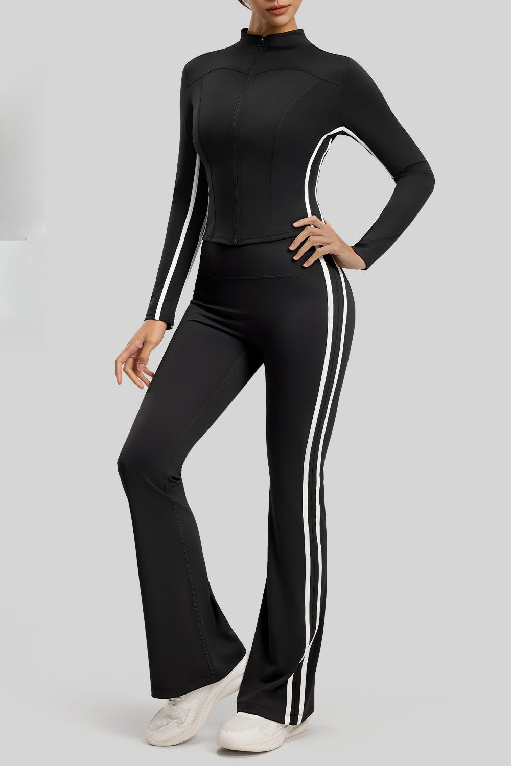 Mock Neck Zip Front Jacket and Side Stripe Flare Leggings Two Piece Set 2