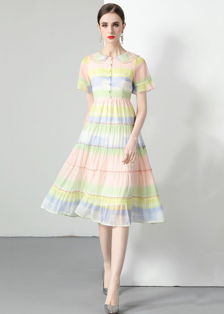 Tie Dye Stripe Peter Pan Collar Button Front Tiered Chiffon Midi Dress