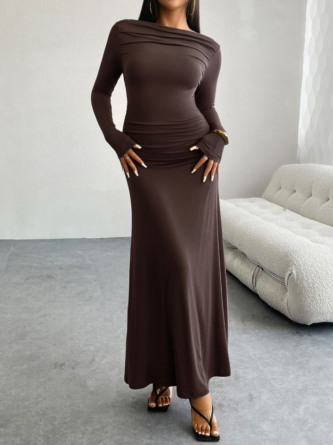 Ruched Boat Neck Long Sleeve Bodycon Maxi Dress 9