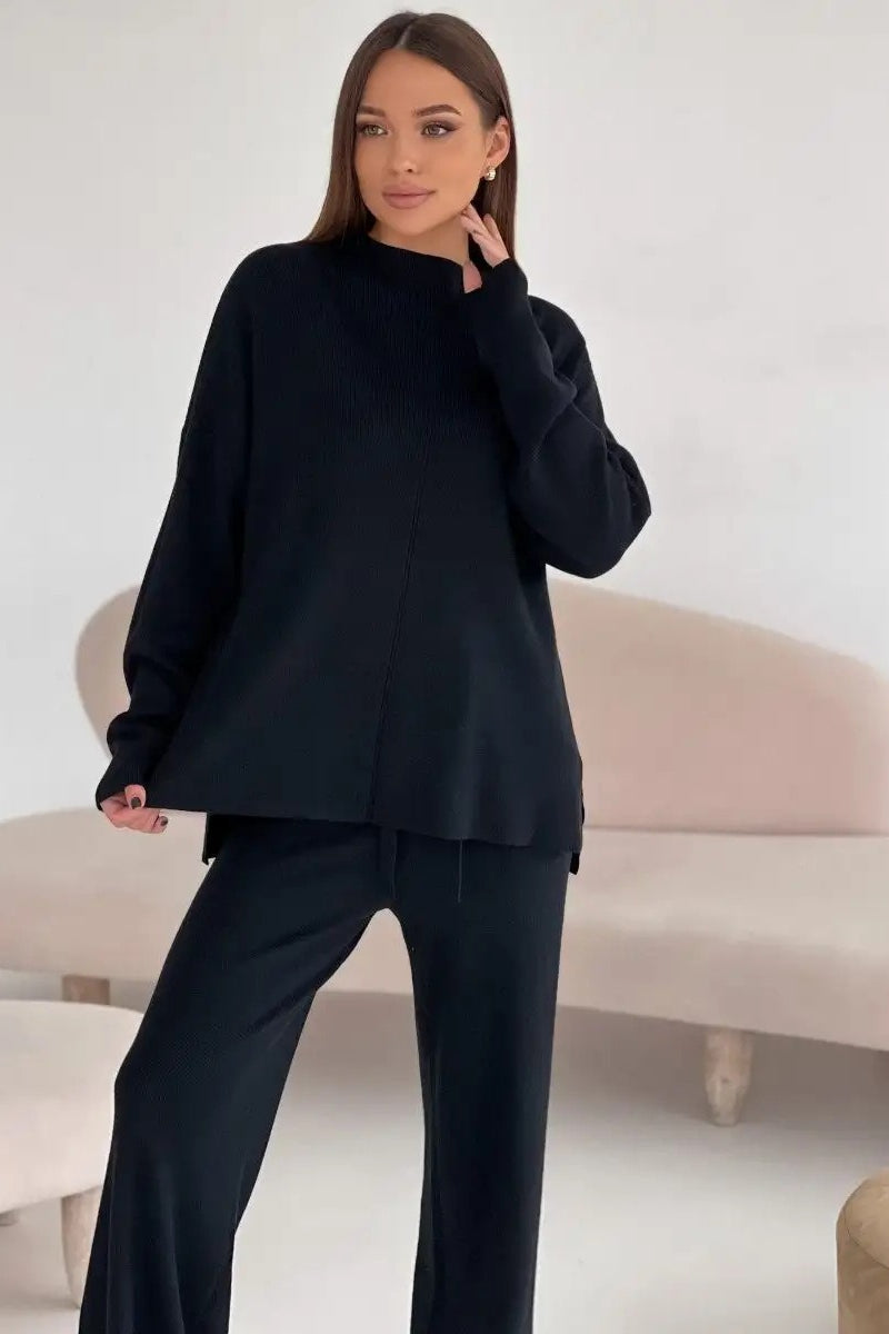 Mock Neck Front Seam Side Slit Sweater and Wide Leg Pants Two Piece Set 5