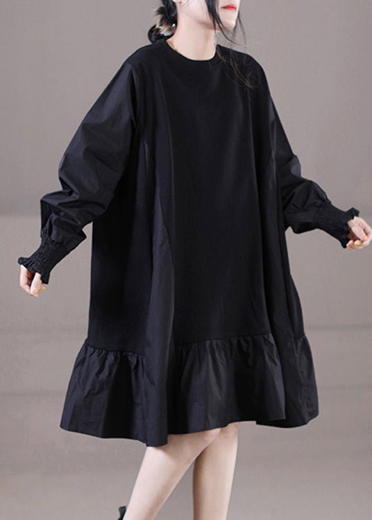Knit Panel Round Neck Balloon Sleeve Smocked Cuff Ruffle Hem Mini Dress