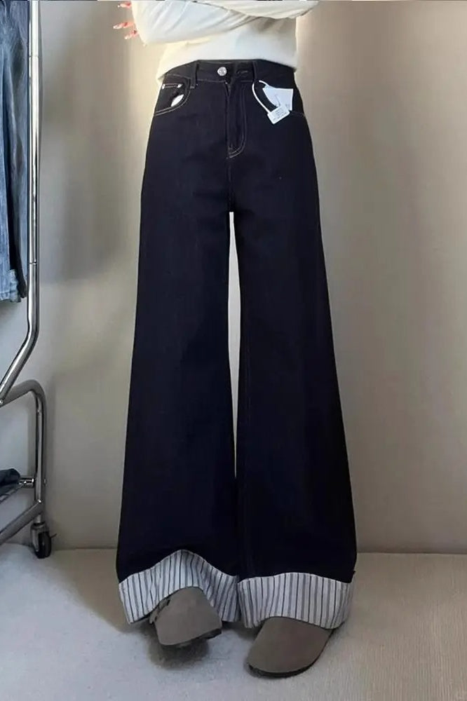 Denim Blue Striped Patchwork Wide Leg Jeans