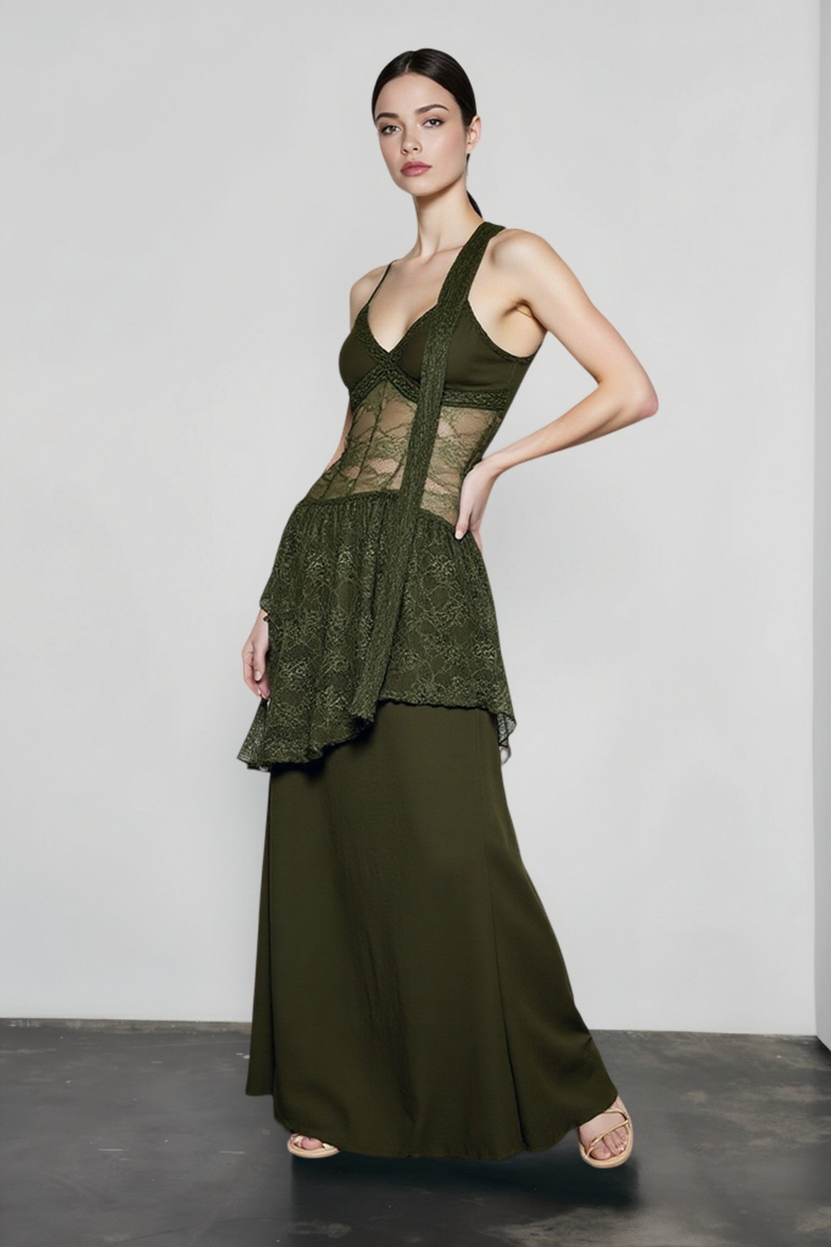 Lace Sheer Mesh Maxi Dress