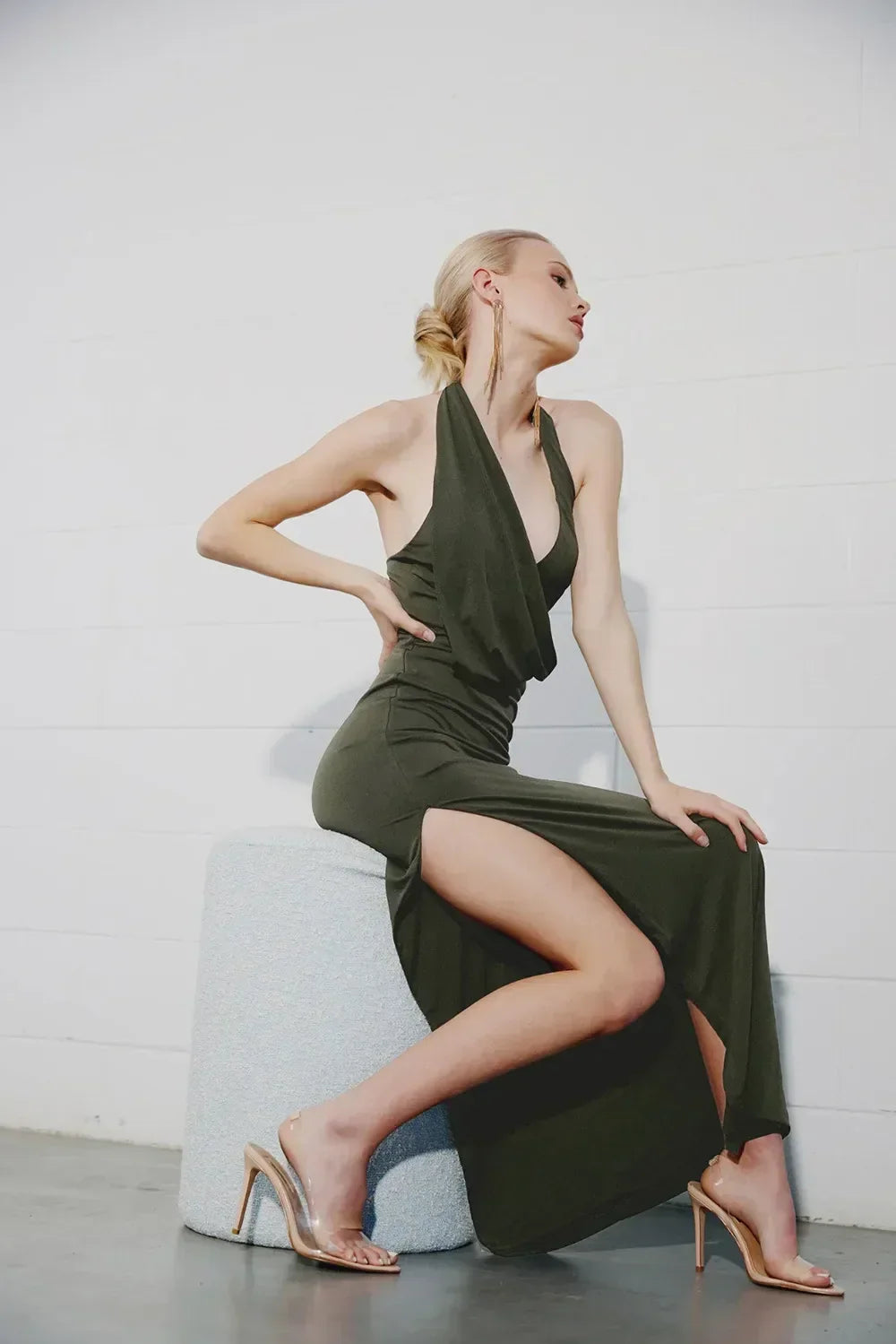 Draped Plunge Halter Neck Backless High Split Maxi Dress 5