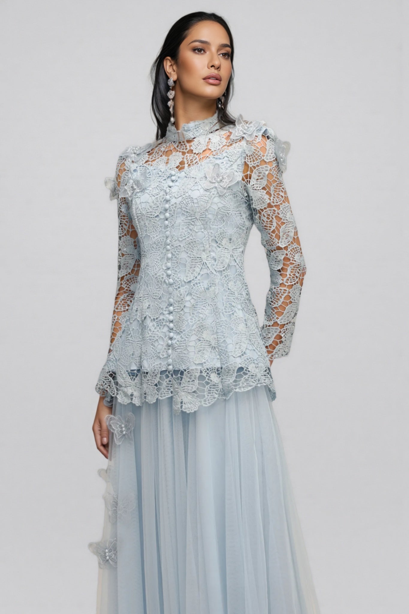 Butterfly Lace Long Sleeve Mock Neck Button Peplum Top Tulle Skirt Two Piece Set
