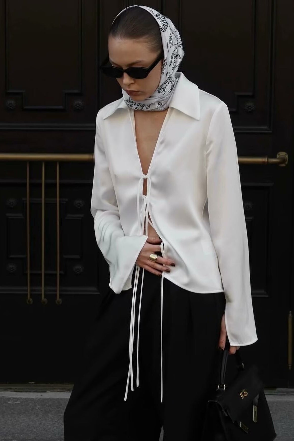 Satin Deep V-Neck Tie Front Collared Flare Sleeve Blouse 2