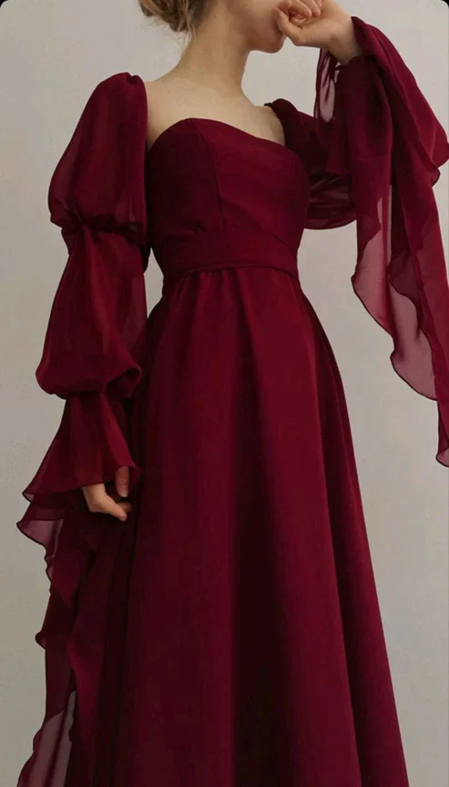 Vintage Burgundy Long A Line Prom Dress Romantic Evening Dress Party Gown cc1527