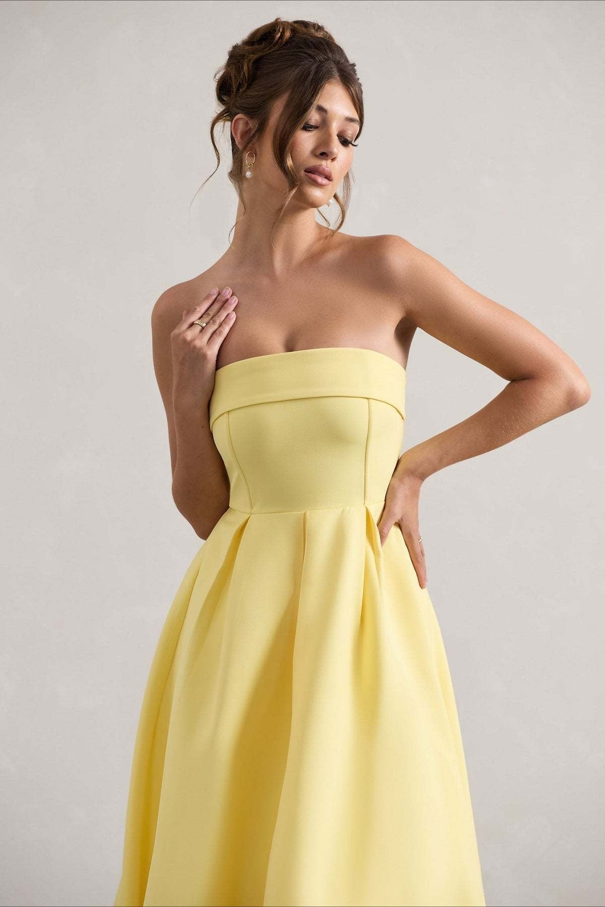 Strapless Fold Over Neck Box Pleat A-Line Midi Cocktail Dress