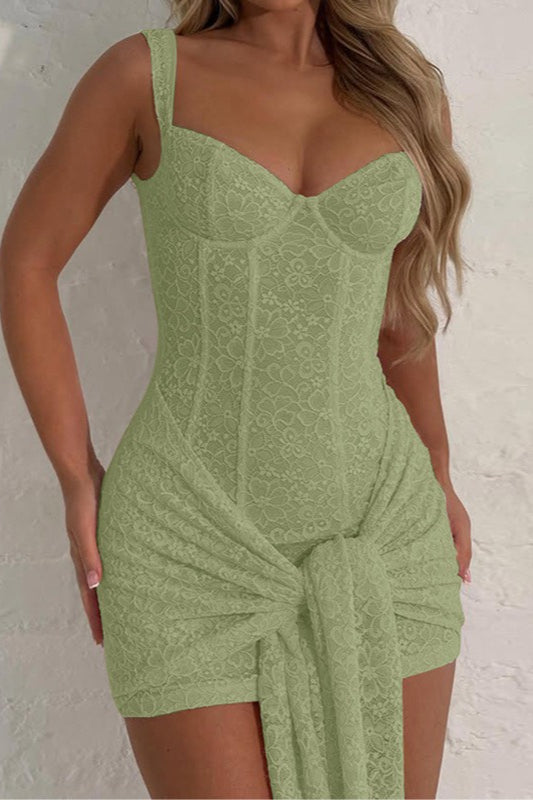 Lace V-Neck Spaghetti Insert Lace-Up Slim Lace Dress