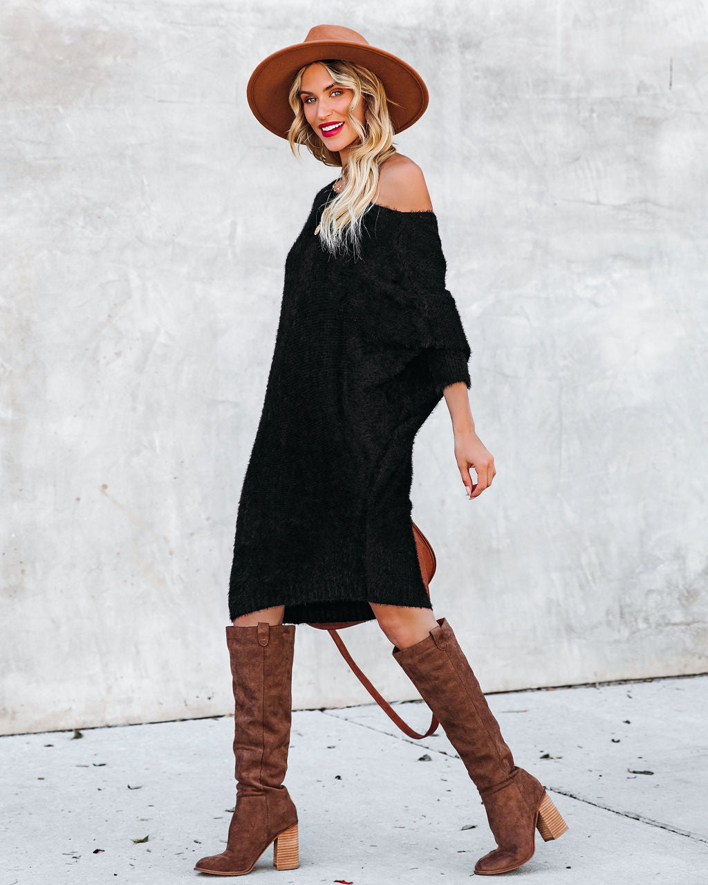 Cecelia Asymmetrical Knit Sweater Dress Black FINAL