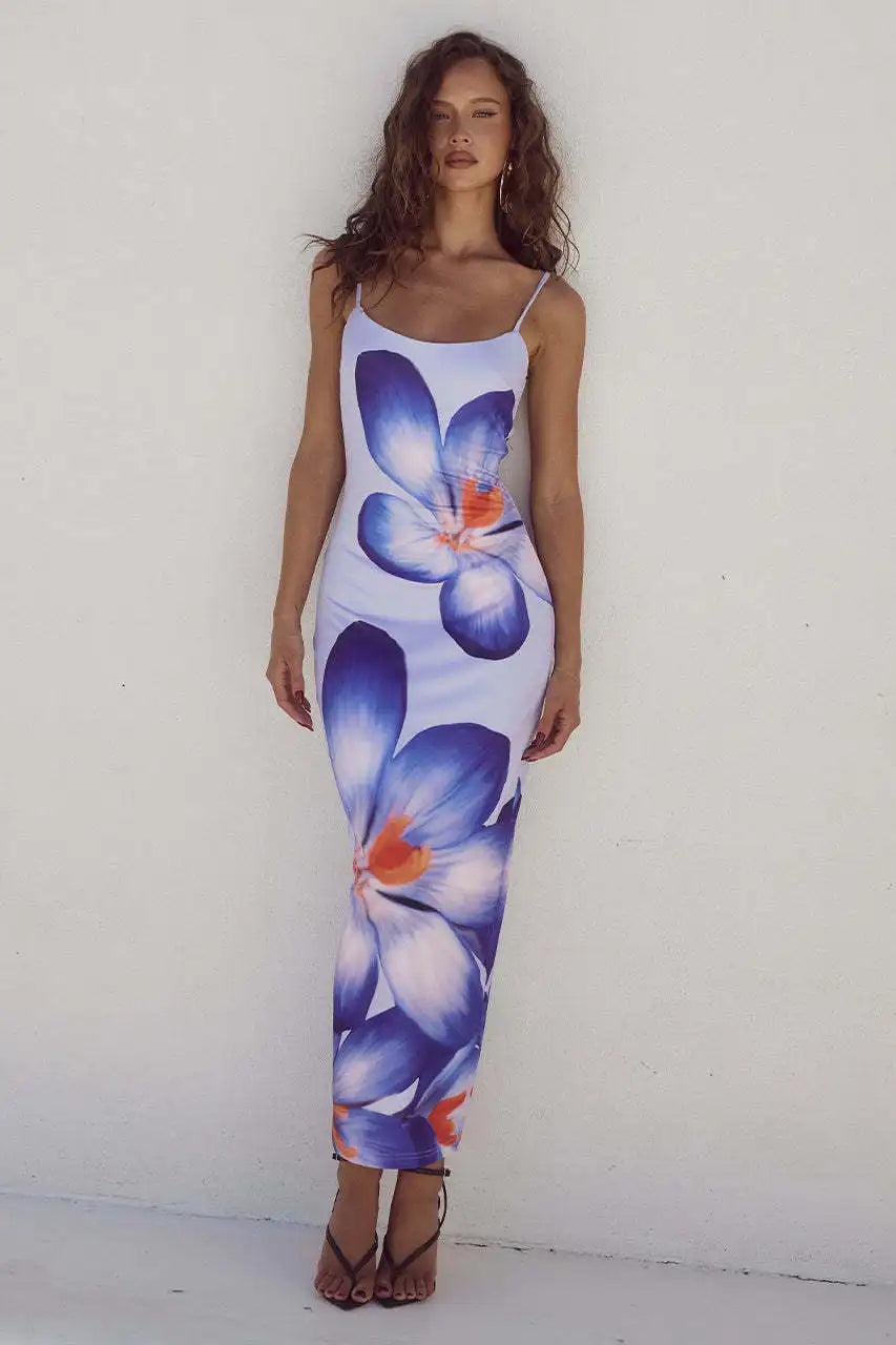 Floral Print Spaghetti Strap Square Neck Bodycon Maxi Dress